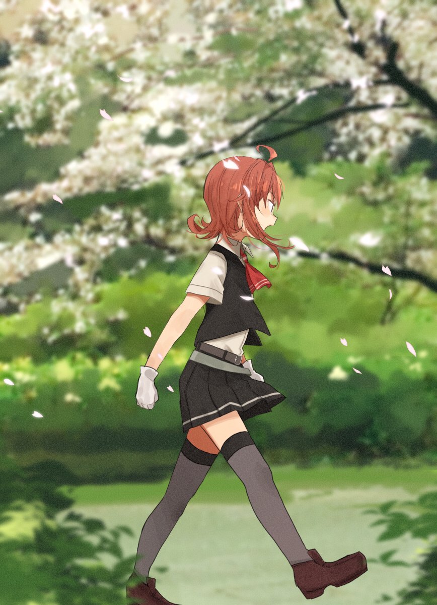 1girl ahoge annin_musou arashi_(kantai_collection) black_skirt black_vest blouse brown_footwear full_body gloves grey_legwear highres kantai_collection loafers messy_hair neckerchief open_mouth outdoors petals pleated_skirt red_neckwear redhead school_uniform shoes short_hair short_sleeves skirt solo thigh-highs tree vest walking white_blouse white_gloves