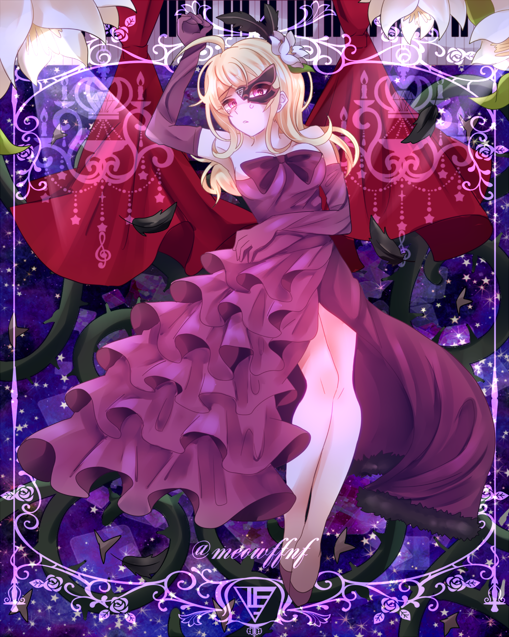 1girl ahoge akamatsu_kaede armpits asymmetrical_clothes asymmetrical_mask black_gloves blonde_hair breasts cleavage dangan_ronpa dress elbow_gloves floating_hair full_body gloves highres instrument layered_dress long_dress long_hair looking_at_viewer mask medium_breasts nekoshin_kagari new_dangan_ronpa_v3 piano pink_eyes purple_dress purple_neckwear sleeveless sleeveless_dress solo standing striped striped_dress twitter_username