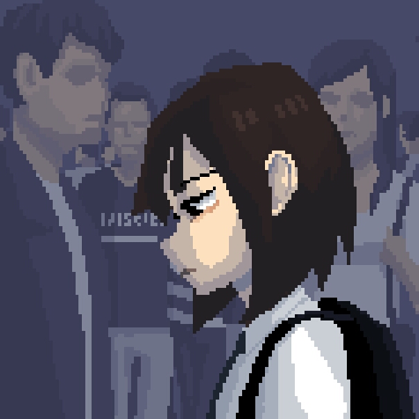 backpack bag black_backpack black_eyes black_hair black_neckwear bob_cut crowd dress_shirt from_side half-closed_eyes looking_down necktie original pixel_art shirt short_hair white_shirt yangpamang