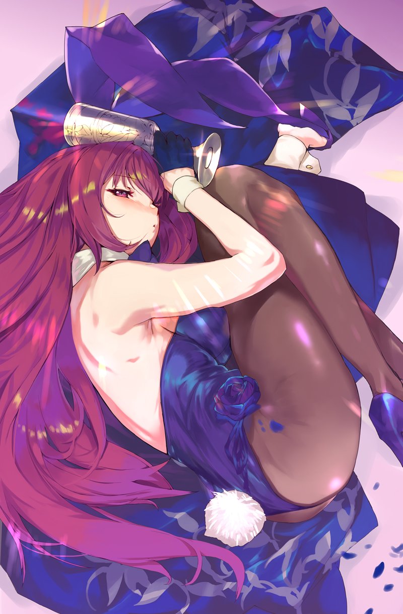 1girl animal_ears bare_shoulders bow bowtie breasts bunny_girl bunny_tail bunnysuit commentary_request detached_collar drunk fate/grand_order fate_(series) flower goblet hair_intakes highres large_breasts leotard long_hair looking_at_viewer ohland pantyhose petals purple_background purple_flower purple_hair purple_rose rabbit_ears red_eyes rose scathach_(fate)_(all) scathach_(fate/grand_order) simple_background solo spill strapless strapless_leotard tail wrist_cuffs