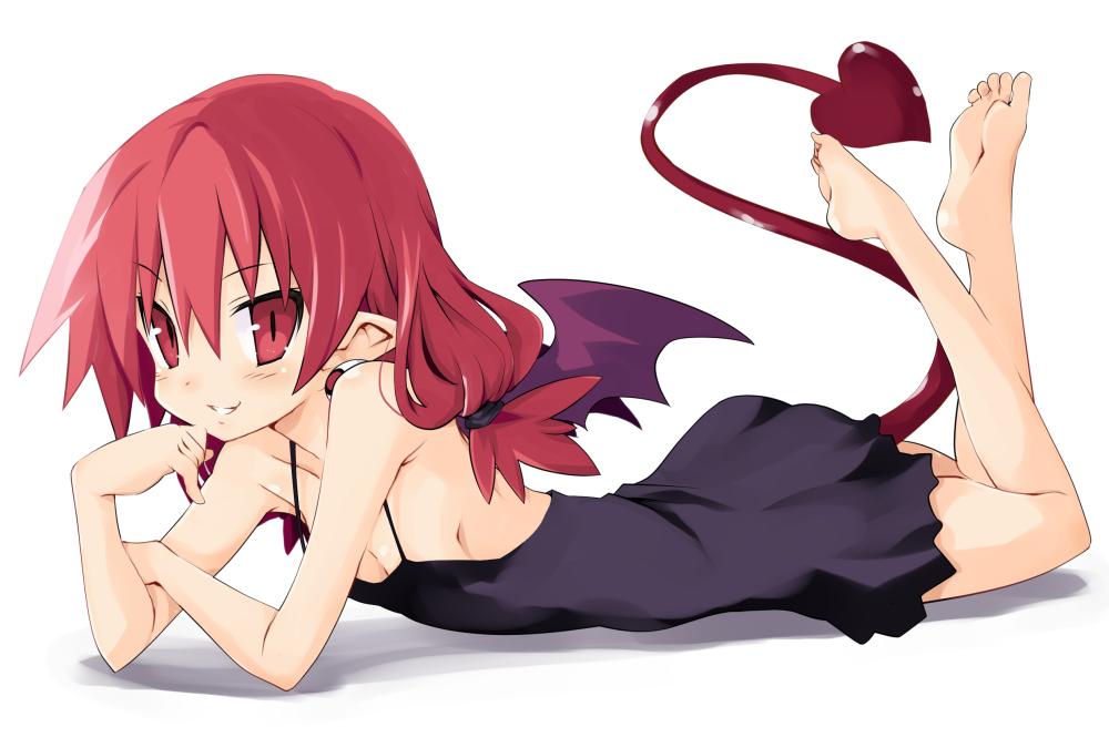 1girl barefoot bat_wings demon_girl demon_tail disgaea etna eyebrows_visible_through_hair flat_chest iwasi-r looking_at_viewer makai_senki_disgaea mini_wings pointy_ears red_eyes redhead short_hair simple_background smile solo tail white_background wings