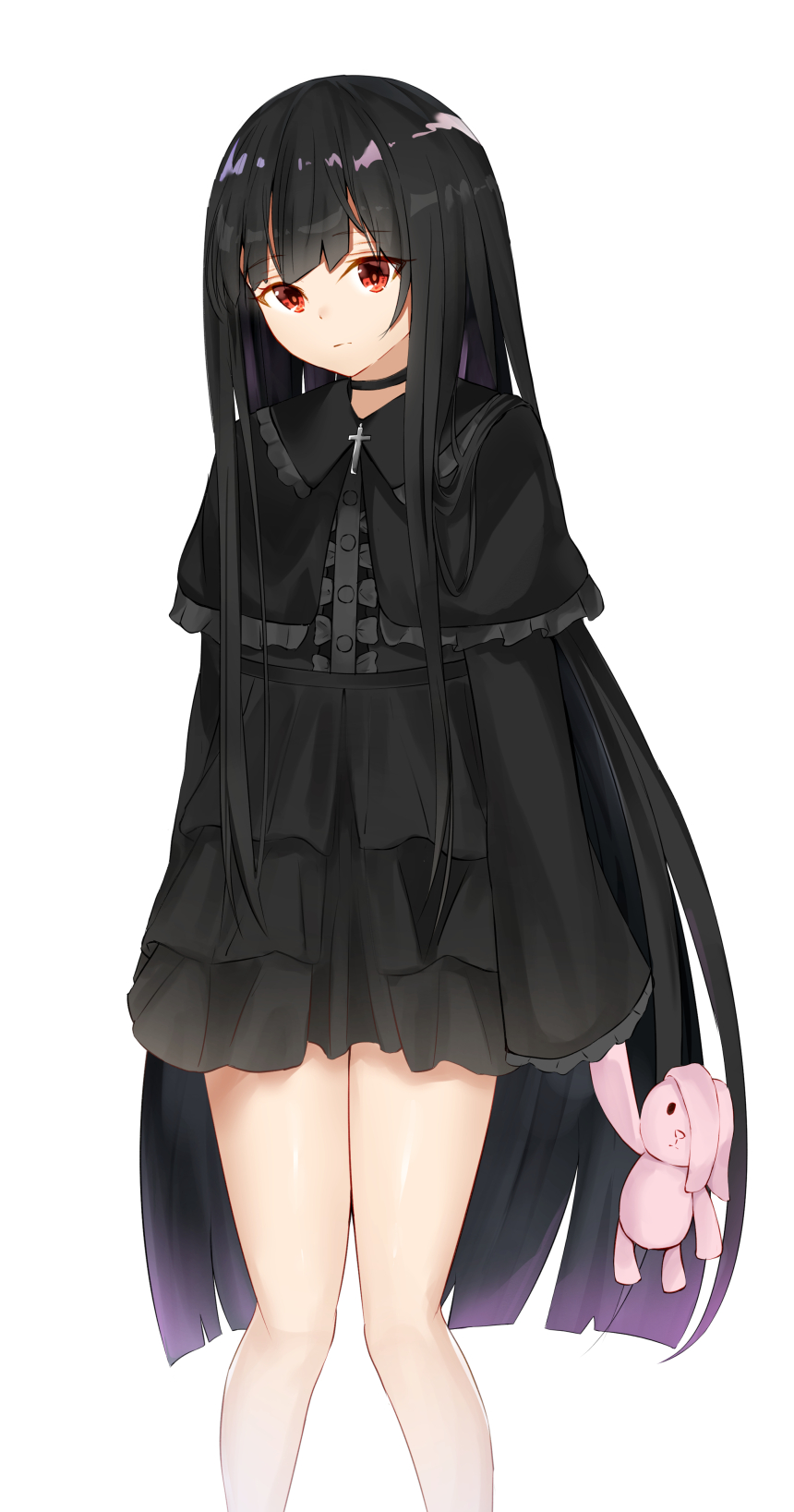 1girl bangs black_capelet black_choker black_dress black_hair capelet center_frills choker closed_mouth commentary_request dress eyebrows_visible_through_hair frilled_capelet frills gothic_lolita head_tilt highres hikashou holding holding_stuffed_animal latin_cross lolita_fashion long_hair long_sleeves looking_at_viewer original red_eyes simple_background sleeves_past_fingers sleeves_past_wrists solo stuffed_animal stuffed_bunny stuffed_toy very_long_hair white_background wide_sleeves