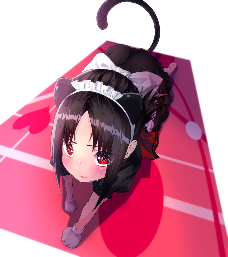 1girl all_fours animal_ears black_hair blurry blush cat_ears cat_tail depth_of_field dutch_angle fake_animal_ears from_above headband heart heart-shaped_pupils kaguya-sama_wa_kokurasetai_~tensai-tachi_no_renai_zunousen~ looking_at_viewer maid maid_headdress nasubi_(nasubi555) puffy_short_sleeves puffy_sleeves red_eyes shinomiya_kaguya short_hair short_sleeves sidelocks socks solo sweat sweatdrop symbol-shaped_pupils tail