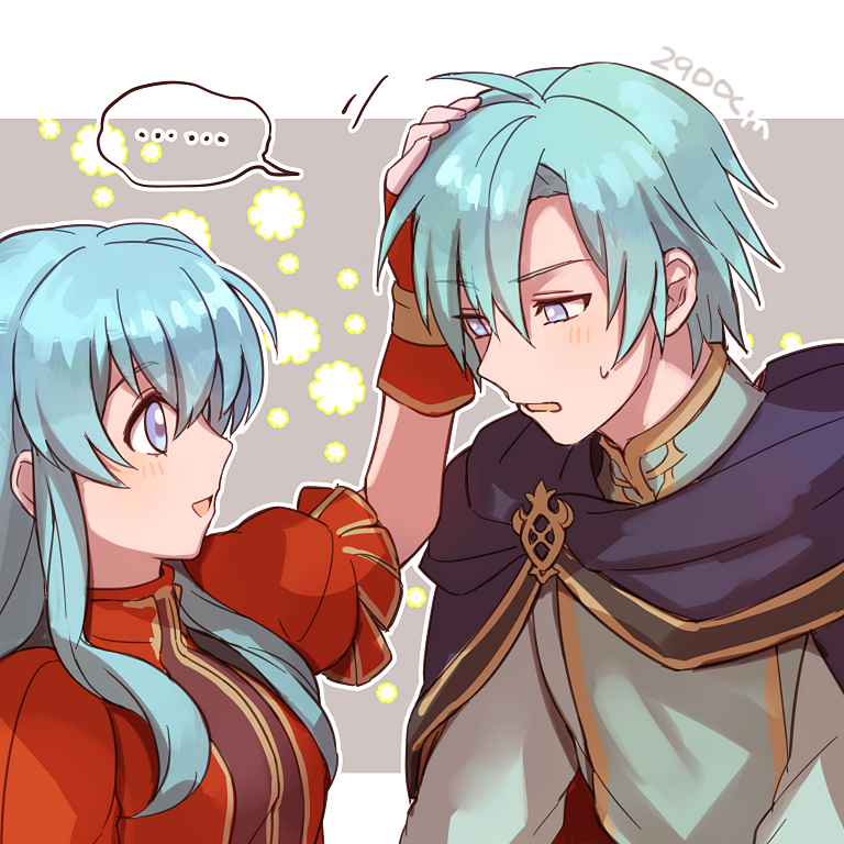 1boy 1girl 2900cm aqua_hair artist_name blue_eyes brother_and_sister eirika ephraim fingerless_gloves fire_emblem fire_emblem:_seima_no_kouseki from_side gloves hand_on_another's_head long_hair nintendo parted_lips red_gloves short_hair short_sleeves siblings