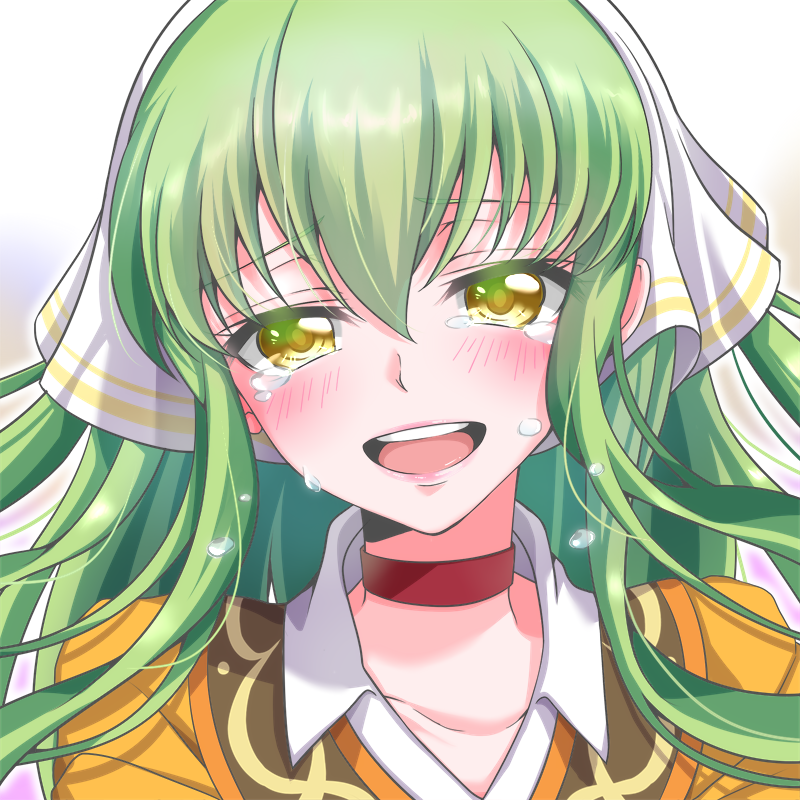 1girl :d aoi_(kiyokiyoaomushi) blush c.c. choker code_geass collarbone floating_hair green_hair head_tilt long_hair looking_at_viewer open_mouth portrait smile solo tears yellow_eyes