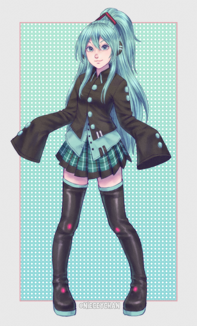 1girl alternate_hairstyle aqua_background aqua_eyes aqua_hair aqua_skirt black_footwear boots breasts buttons closed_mouth colored_eyelashes commentary english_commentary eyelashes full_body half_updo hatsune_miku legs long_hair long_sleeves looking_at_viewer miniskirt neon_trim nieceychan nose pigeon-toed plaid plaid_skirt pleated_skirt skirt sleeves_past_fingers sleeves_past_wrists small_breasts smile solo standing thigh-highs thigh_boots very_long_sleeves vocaloid wide_sleeves wing_collar