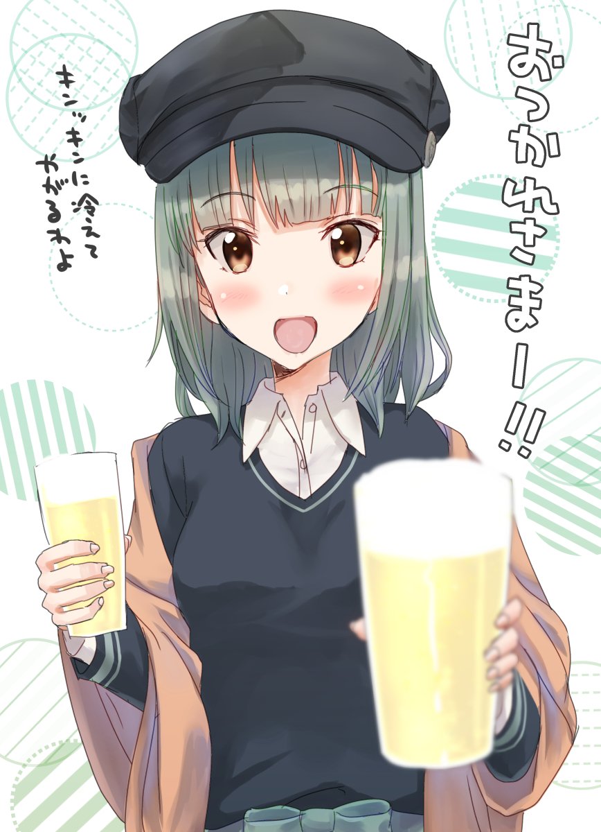 1girl alcohol alternate_costume alternate_hairstyle bangs beer black_sweater blunt_bangs blurry blush brown_eyes brown_shawl depth_of_field glass grey_hair hair_down highres kantai_collection kujira_naoto looking_at_viewer medium_hair open_mouth pov smile solo sweater translation_request upper_body white_background yuubari_(kantai_collection)