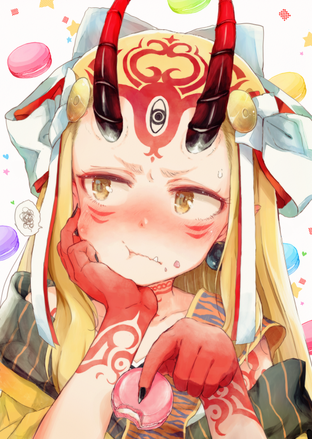 1girl :t arm_support bare_shoulders blonde_hair blush bow brown_eyes chin_rest closed_mouth collarbone commentary_request eating facial_mark fang fate/grand_order fate_(series) food food_on_face forehead_mark gomennasai grey_background hair_bow hands_up holding holding_food horns ibaraki_douji_(fate/grand_order) japanese_clothes kimono long_hair looking_away looking_to_the_side macaron nose_blush off_shoulder oni oni_horns simple_background solo star upper_body wavy_mouth white_bow yellow_kimono