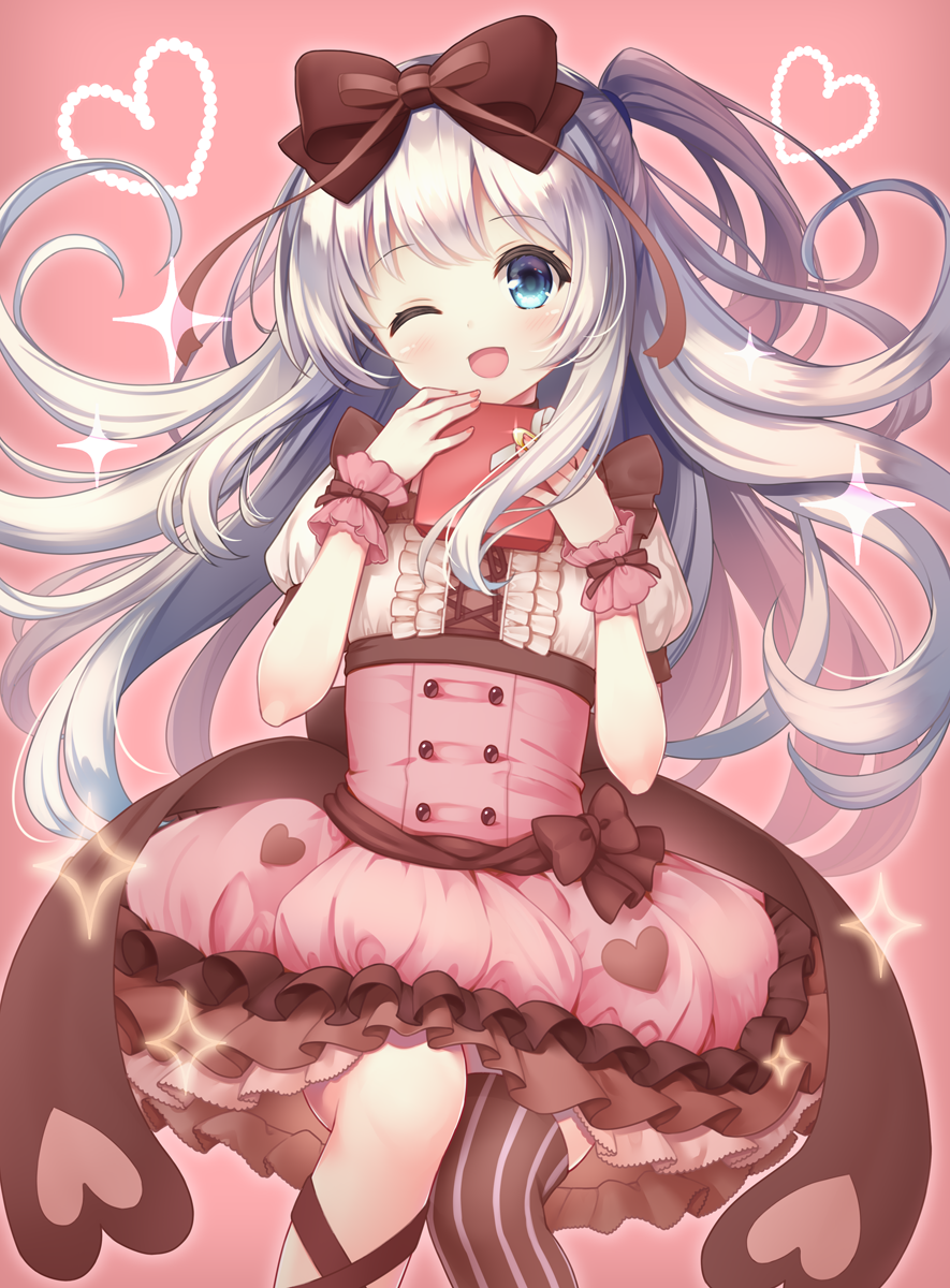 1girl ;d black_legwear black_ribbon blue_eyes blush bow box brown_bow buttons commentary_request floating_hair frilled_shirt frilled_skirt frills glint hair_bow hands_up heart highres holding holding_box leg_ribbon long_hair looking_at_viewer nail_polish one_eye_closed one_side_up open_mouth original pink_background pink_nails pink_skirt puffy_short_sleeves puffy_sleeves ribbon shirt short_sleeves sidelocks silver_hair single_thighhigh skirt smile solo sparkle striped striped_legwear thigh-highs underbust white_ribbon white_shirt wrist_cuffs yatsuki_yura