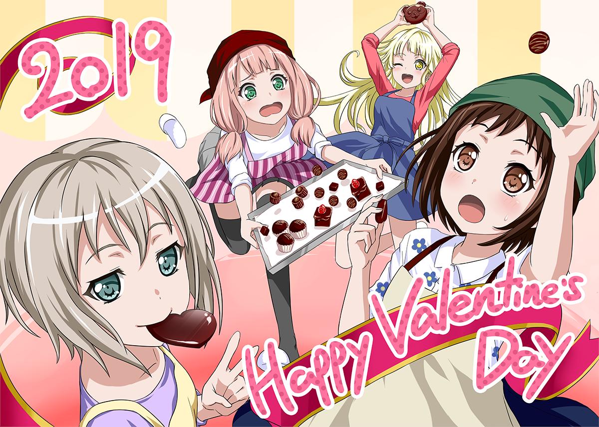 2019 4girls ;d aoba_moca apron aqua_eyes arms_up bang_dream! bangs black_legwear blonde_hair blue_apron brown_eyes brown_hair chocolate chocolate_heart commentary_request cupcake english_text food grey_hair happy_valentine hazawa_tsugumi head_scarf heart holding_chocolate leaning_forward long_hair long_sleeves looking_at_viewer medium_hair michelle_(bang_dream!) mouth_hold multiple_girls official_art one_eye_closed open_mouth pink_apron pink_hair shirt short_hair smile thigh-highs tripping tsurumaki_kokoro twintails uehara_himari v valentine vertical-striped_apron white_shirt yellow_apron