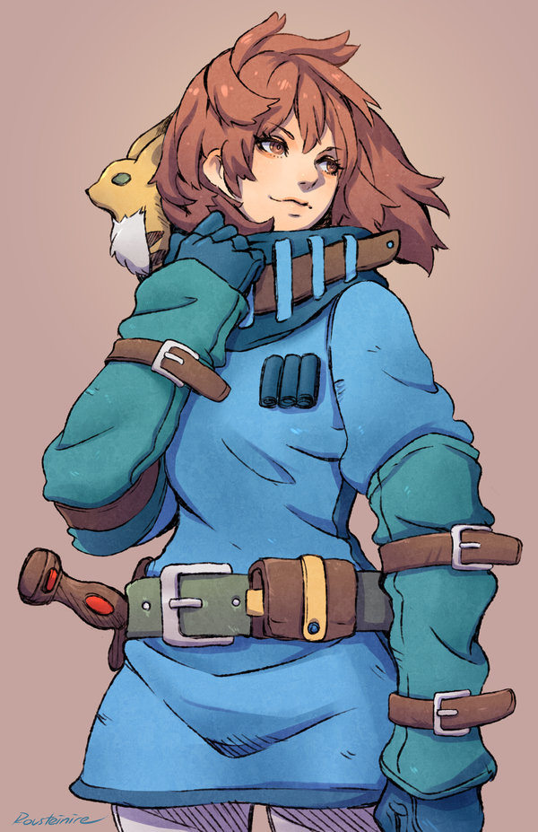 1girl arm_strap arm_warmers artist_name belt belt_pouch blue_dress blue_gloves blue_scarf brown_hair cowboy_shot creature dagger dress gloves kaze_no_tani_no_nausicaa kyoshinhei looking_to_the_side medium_hair nausicaa pants pouch rousteinire scarf sheath sheathed smile solo_focus standing studio_ghibli weapon white_pants yellow_eyes