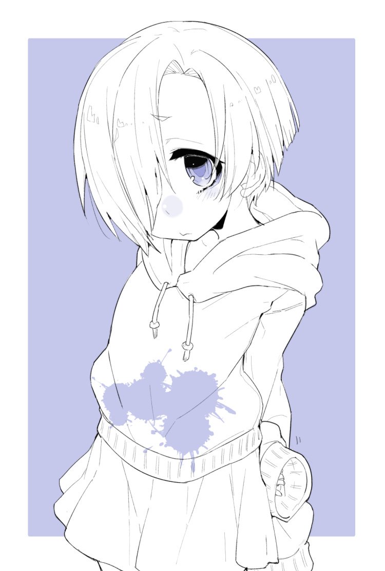 1girl arms_behind_back asymmetrical_hair blood blood_stain blue_background blue_theme blush border drawstring frown hair_over_one_eye hand_on_own_arm hood hood_down hoodie idolmaster idolmaster_cinderella_girls long_sleeves looking_at_viewer monochrome nose_blush sala_mander shirasaka_koume short_eyebrows short_hair skirt sleeves_past_fingers sleeves_past_wrists solo white_border