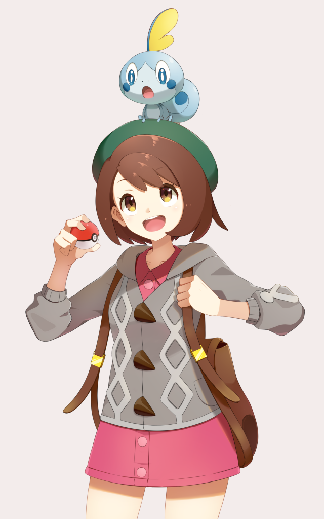 1girl :d :o backpack bag bangs blue_eyes brown_eyes brown_hair cardigan collarbone commentary_request creatures_(company) eyebrows_visible_through_hair female_protagonist_(pokemon_swsh) game_freak gen_8_pokemon green_hat hat holding holding_poke_ball long_sleeves looking_up nintendo open_mouth poke_ball poke_ball_(generic) pokemon pokemon_(creature) pokemon_(game) pokemon_swsh s_himapanda shirt short_hair simple_background smile sobble standing tam_o'_shanter