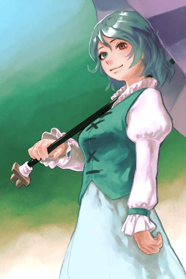 1girl beige_background blue_background blue_eyes blue_hair blue_skirt blue_vest breasts commentary_request cowboy_shot gengoroumaru_(ambidextrous) gradient gradient_background green_background heterochromia holding holding_umbrella juliet_sleeves long_sleeves looking_at_viewer medium_breasts puffy_sleeves purple_umbrella red_eyes shirt short_hair skirt smile solo standing tatara_kogasa touhou umbrella vest white_shirt