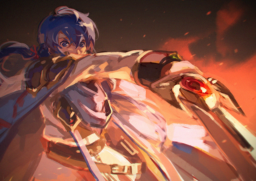 1boy blue_eyes blue_hair cape celice_(fire_emblem) fire_emblem fire_emblem:_seisen_no_keifu garmmy headband holding holding_sword holding_weapon long_hair looking_at_viewer nintendo solo sword traditional_media watercolor_(medium) weapon