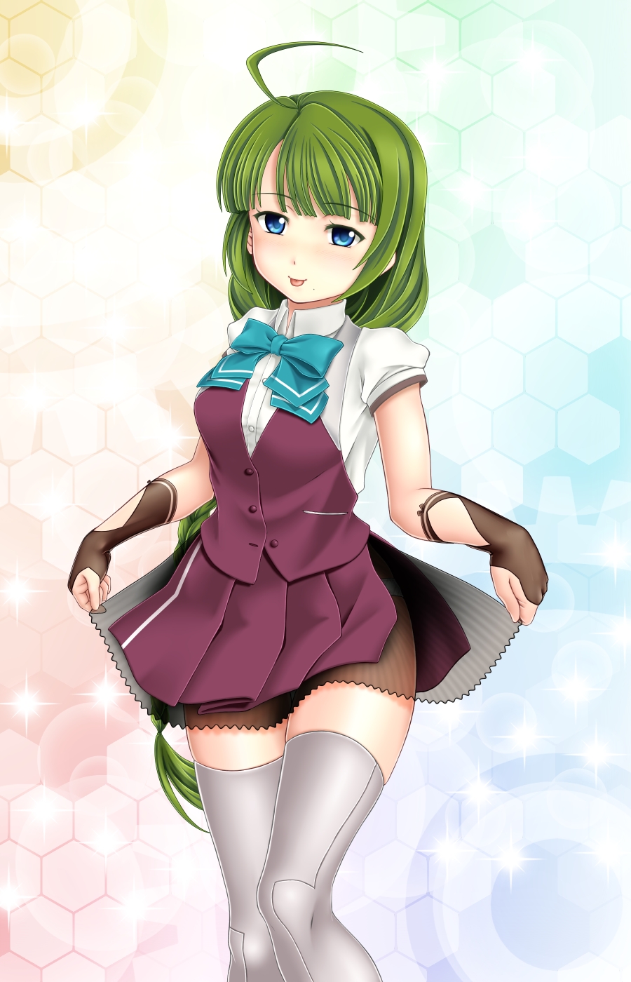 1girl :p blouse bow bowtie braid cowboy_shot eyebrows eyebrows_visible_through_hair fingerless_gloves gloves gradient gradient_background green_hair grey_legwear hair_between_eyes halterneck highres kantai_collection long_hair looking_at_viewer mole mole_under_mouth multicolored multicolored_background mushoku_no_hourousha personification pleated_skirt purple_skirt remodel_(kantai_collection) school_uniform shirt short_sleeves skirt skirt_hold smile solo standing thigh-highs tongue tongue_out very_long_hair vest white_blouse white_shirt yuugumo_(kantai_collection)