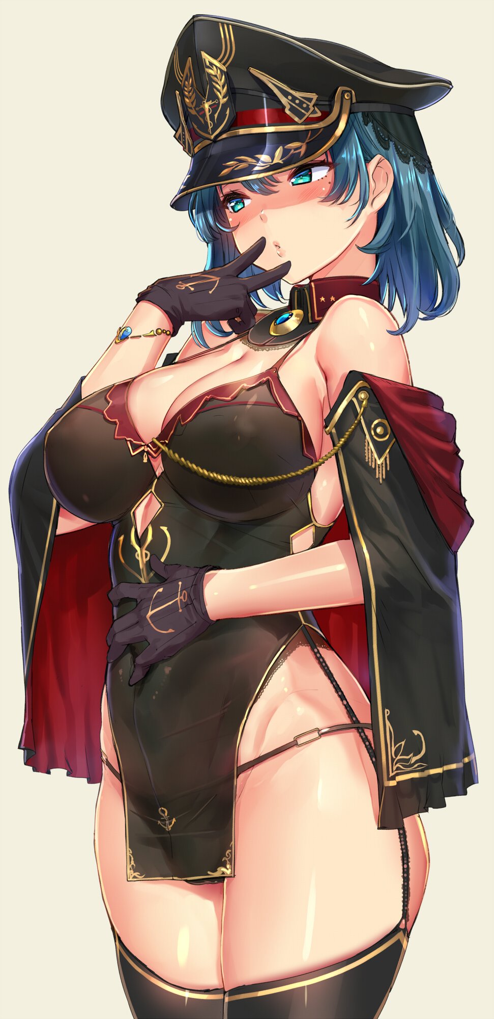 1girl akasaai anchor_symbol aqua_eyes bangs bare_shoulders black_dress black_gloves black_legwear black_panties blue_hair blush bracelet breasts china_dress chinese_clothes cleavage cloak cowboy_shot detached_collar dress finger_to_mouth garter_straps gloves groin hair_between_eyes hand_on_own_stomach hat highres jewelry large_breasts military_hat off_shoulder original panties peaked_cap pelvic_curtain sapphire_(gemstone) shiny shiny_skin short_hair sidelocks simple_background solo thigh-highs underwear