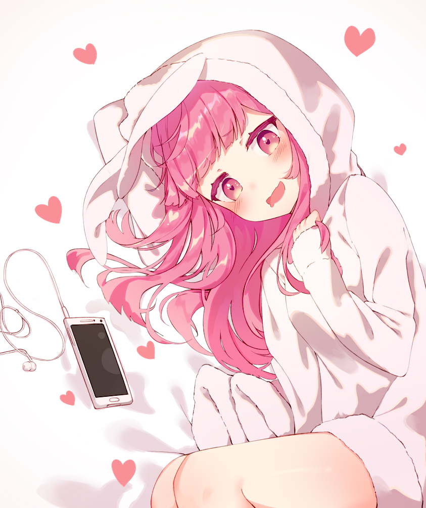 1girl animal_hood bangs bare_legs blunt_bangs blush bunny_hood commentary digital_media_player drooling heart heart-shaped_pupils hood hood_up ipod long_hair long_sleeves lying momingie on_bed on_side open_mouth original pink_eyes pink_hair smile solo symbol-shaped_pupils white_hoodie