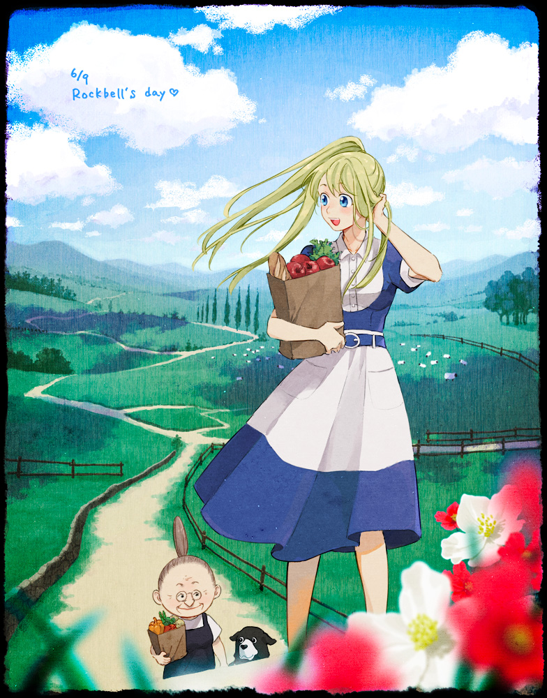 2girls :d animal apple bag baguette bare_legs belt black_border blonde_hair blue_dress blue_eyes blue_sky blurry border bread brick_wall carrying carrying_bag clouds cloudy_sky dated day den_(fma) depth_of_field dog dress dress_lift fence floating_hair flower food fruit fullmetal_alchemist grandmother_and_granddaughter grass hanayama_(inunekokawaii) hand_in_hair happy horizon long_hair looking_away mountain multiple_girls nature open_mouth outdoors pinako_rockbell ponytail red_flower scenery sheep sky smile tree upper_teeth vegetable white_flower wind wind_lift winry_rockbell