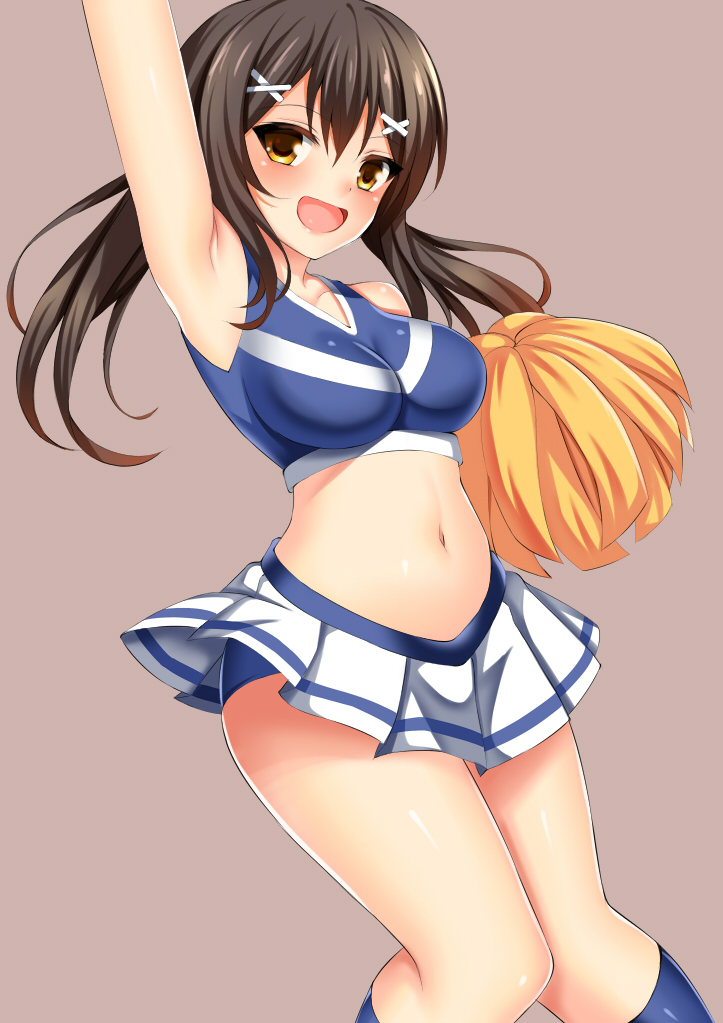 1girl :d arm_up armpits bangs bare_arms bare_shoulders blue_legwear blue_shirt blush brown_background brown_eyes brown_hair cheerleader collarbone commentary_request crop_top eyebrows_visible_through_hair hair_between_eyes hair_ornament holding kneehighs long_hair midriff navel open_mouth original pleated_skirt pom_poms shirt simple_background skirt sleeveless sleeveless_shirt smile solo toshishikisai white_skirt x_hair_ornament