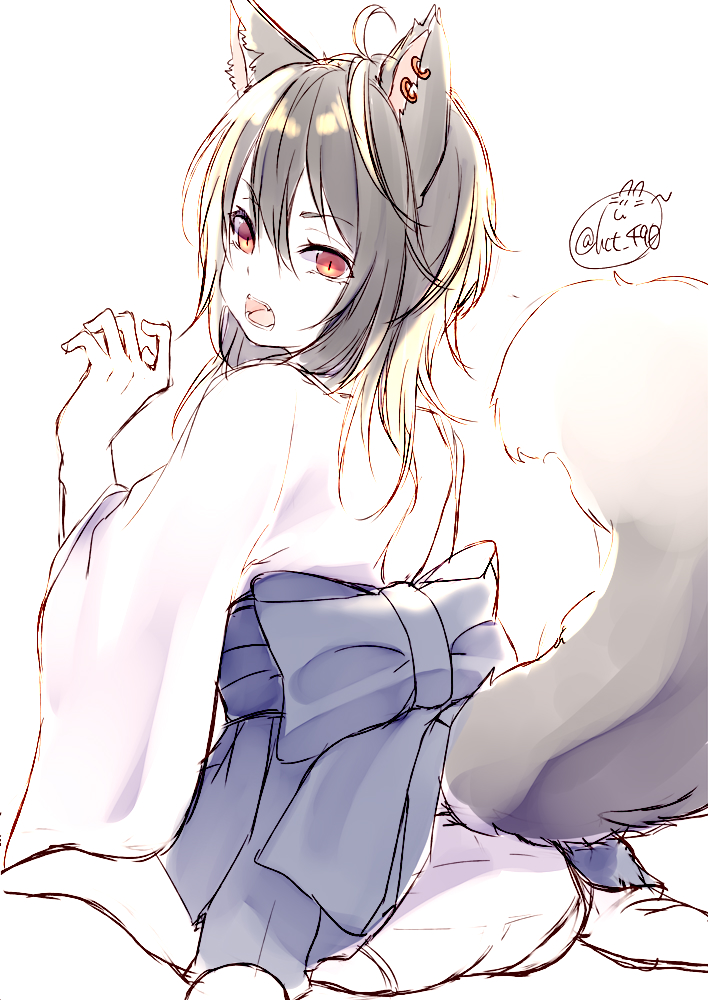 1girl ahoge animal_ears ass back_bow bangs black_hair blue_bow blue_skirt bow chita_(ketchup) ear_piercing eyebrows_visible_through_hair fox_ears fox_girl fox_tail hair_between_eyes hand_up japanese_clothes kimono long_hair long_sleeves open_mouth original panties piercing red_eyes signature sitting skirt soles solo tail tail_raised underwear v-shaped_eyebrows wariza white_kimono white_panties wide_sleeves