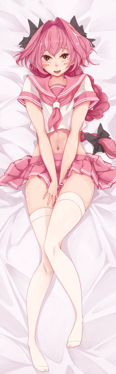 1boy astolfo_(fate) bangs black_bow bow braid bush covering covering_crotch crop_top dakimakura fate/grand_order fate_(series) from_above hair_bow hair_intakes highres long_braid long_hair looking_at_viewer lying male_focus midriff miniskirt multicolored_hair navel neckerchief nekomimipunks on_back open_mouth pink_hair pink_neckwear pink_sailor_collar pink_skirt pleated_skirt red_sailor_collar sailor_collar school_uniform serafuku single_braid skirt solo streaked_hair thigh-highs trap v_arms very_long_hair violet_eyes white_legwear