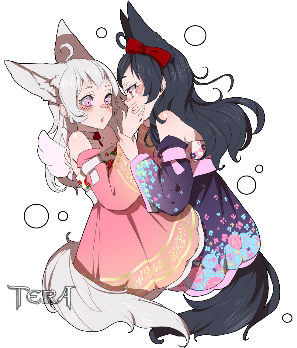 2girls ahoge animal_ears arm_around_shoulder bare_shoulders black_hair blush bow choker copyright_name detached_sleeves dress elin_(tera) extra_ears hair_bow hand_holding hand_on_another's_cheek hand_on_another's_face holding_another korean_clothes lips long_hair long_sleeves looking_at_another mini_wings multiple_girls nail_polish pink_dress pink_eyes purple_dress red_bow red_eyes sash silver_hair simple_background sleeveless sleeveless_dress srinitybeast tail tera_online upper_body very_long_hair white_background white_choker wide_sleeves