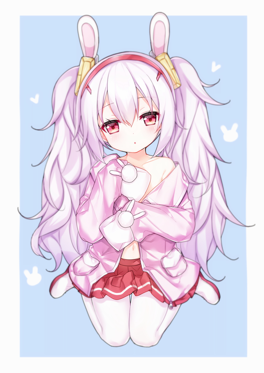 1girl :o animal_ears azur_lane bangs bare_shoulders blue_background blush collarbone commentary_request eyebrows_visible_through_hair hair_between_eyes hair_ornament hairband head_tilt heart highres jacket laffey_(azur_lane) long_hair long_sleeves looking_at_viewer navel off_shoulder open_clothes open_jacket pantyhose parted_lips pink_jacket pleated_skirt purple_hair rabbit_ears red_eyes red_hairband red_skirt shoes skirt sleeves_past_fingers sleeves_past_wrists solo tengxiang_lingnai twintails two-tone_background very_long_hair white_background white_footwear white_legwear