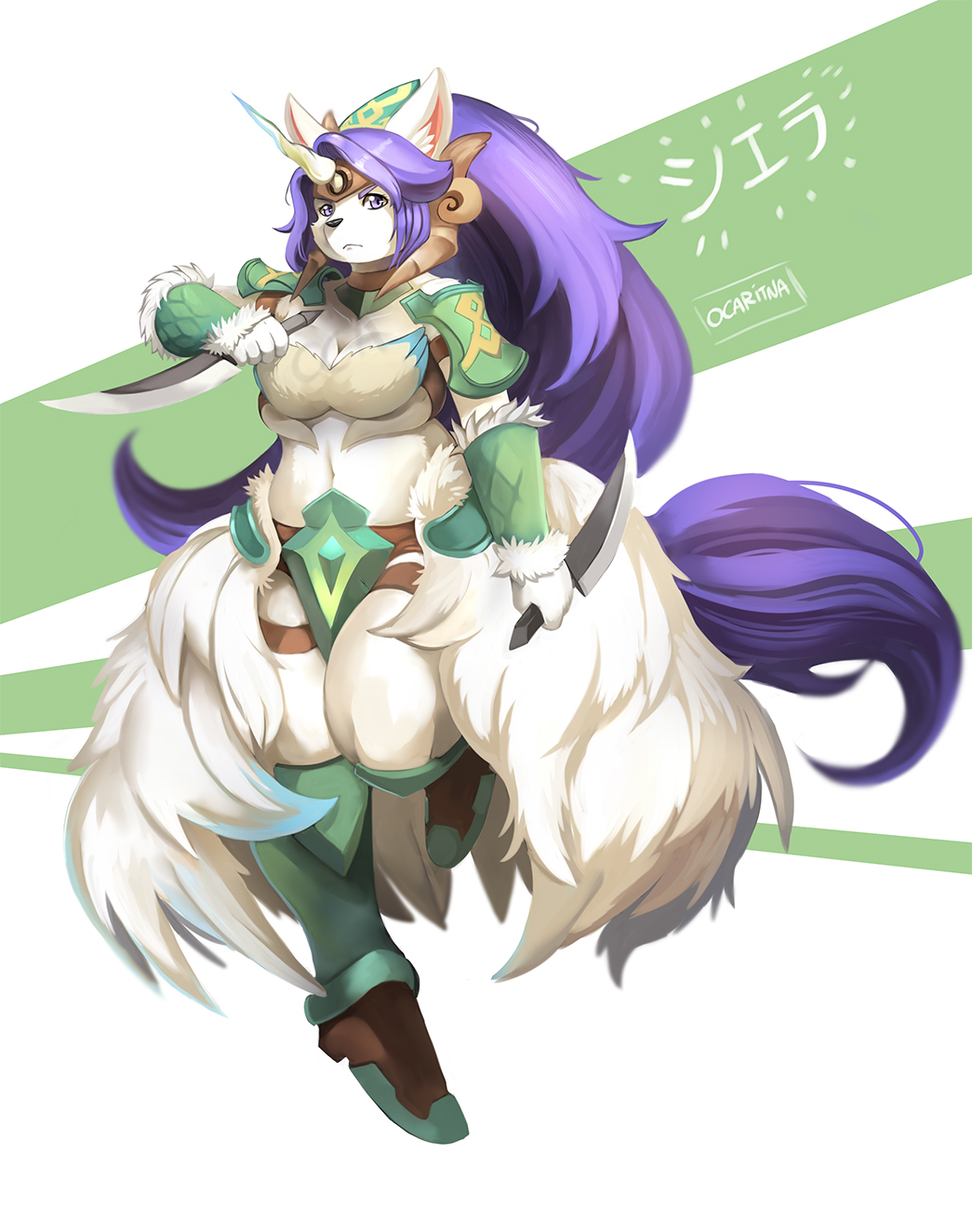 1girl absurdly_long_hair angry animal_ear_fluff animal_ears armor breasts claws cleavage close-up closed_mouth collarbone colored_eyelashes ears eye_contact eyebrows eyelashes face facing_viewer frown fur fur_collar furry highres holding holding_knife holding_weapon horn knife large_breasts legend_of_mana long_hair looking_at_another looking_at_viewer looking_away looking_to_the_side navel ocaritna profile purple_hair seiken_densetsu shoulder_armor sierra solo tail thick_eyebrows upper_body very_long_hair violet_eyes weapon wolf_ears wolf_girl