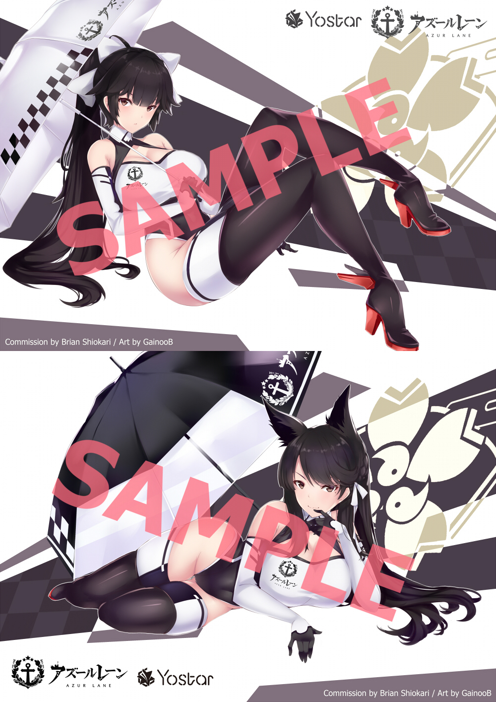 2girls anchor_symbol animal_ears artist_name atago_(azur_lane) azur_lane bare_shoulders black_bodysuit black_hair black_legwear black_leotard bodysuit bow breasts brown_eyes closed_mouth commission copyright_name covered_navel detached_collar dog_ears elbow_gloves emblem eyebrows_visible_through_hair finger_to_mouth gainoob gloves hair_bow hair_flaps hair_ribbon high_ponytail highres holding holding_umbrella itasha large_breasts legs_crossed leotard logo long_hair long_ponytail lying mole mole_under_eye multicolored_leotard multiple_girls on_side ponytail racequeen ribbon sample shiny shiny_skin takao_(azur_lane) thigh-highs thighs umbrella white_bow white_ribbon