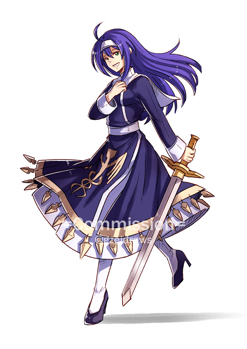 1girl blue_hair crossover dress fire_emblem fire_emblem:_akatsuki_no_megami fire_emblem:_souen_no_kiseki full_body green_eyes grin gzei headband high_heels highres holding holding_sword holding_weapon long_hair looking_at_viewer nintendo nun orie_(under_night_in-birth) smile solo sword thigh-highs under_night_in-birth under_night_in-birth_exe:late[st] wayu_(fire_emblem) weapon