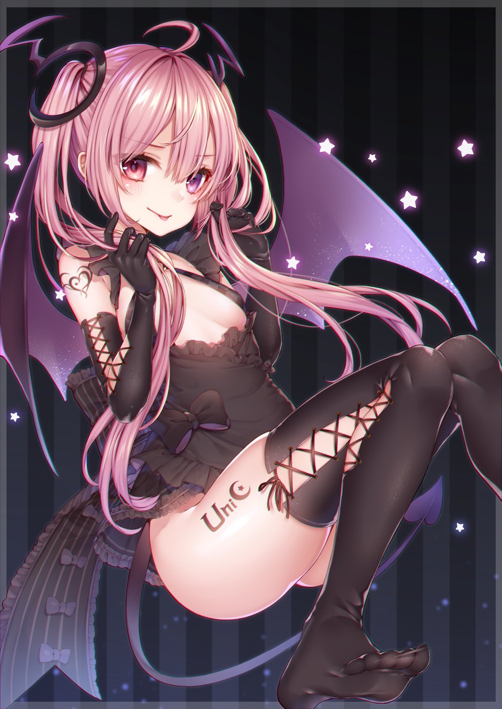 1girl ahoge apron back_bow bangs bat_wings black_apron black_bow blush borrowed_character bow breasts criss-cross_halter cross-laced_gloves cross-laced_legwear demon_tail elbow_gloves frilled_apron frilled_bow frills full_body gloves halterneck heart heterochromia highres holding holding_hair looking_at_viewer maid_apron phantasy_star phantasy_star_online_2 pink_hair red_eyes ripu_(sherypton) sidelocks small_breasts smile solo tail thigh-highs thigh_tattoo tongue tongue_out twintails violet_eyes wings