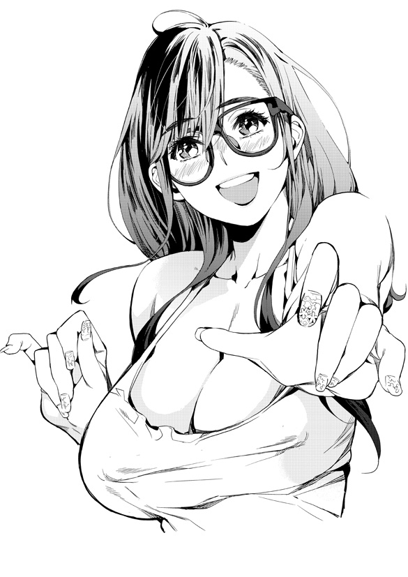 1girl azukiko bangs bare_shoulders blush breasts cleavage collarbone glasses greyscale hair_between_eyes halterneck large_breasts long_hair monochrome nail_polish open_mouth original outstretched_hand smile tank_top