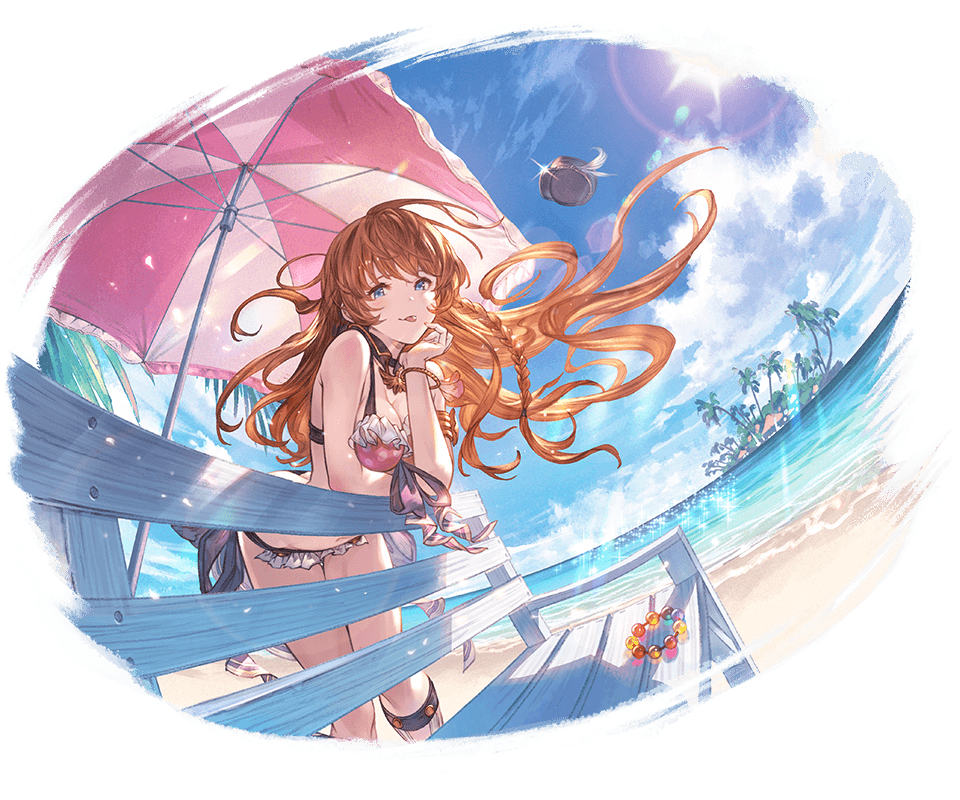 1girl :p alpha_transparency bangs beach beach_umbrella bench bikini black_hat blue_eyes blue_sky blush bracelet braid breasts brown_hair butt_crack cleavage clouds day frilled_bikini frills granblue_fantasy hair_between_eyes hat hat_feather hat_removed headwear_removed island jewelry large_breasts leaning_forward lecia_(granblue_fantasy) long_hair looking_at_viewer minaba_hideo navel ocean official_art outdoors palm_tree peaked_cap polka_dot polka_dot_bikini single_braid sky smile solo standing swimsuit tongue tongue_out transparent_background tree umbrella water