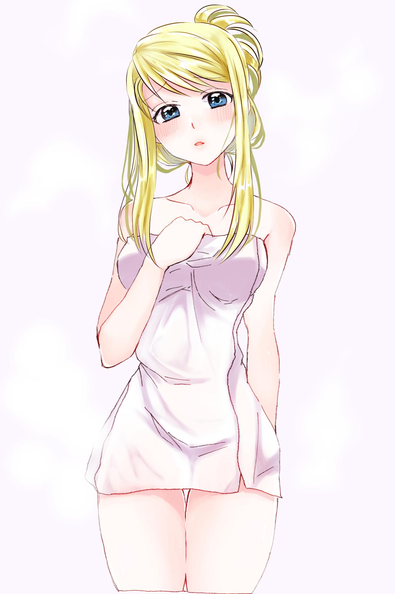 1girl arm_at_side bangs bare_arms bare_shoulders blonde_hair blue_eyes blush breasts commentary cowboy_shot eyebrows_visible_through_hair fullmetal_alchemist half-closed_eyes highres looking_away machi_(xxx503r) medium_breasts parted_lips simple_background solo thighs tied_hair towel upper_body v-shaped_eyebrows white_background winry_rockbell