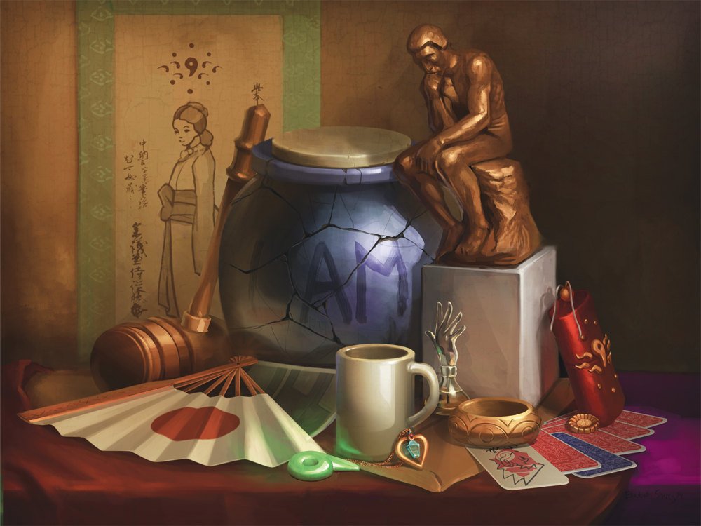 card commentary cup english_commentary fan folding_fan gyakuten_saiban hammer indoors jar mug photia playing_card realistic statue still_life