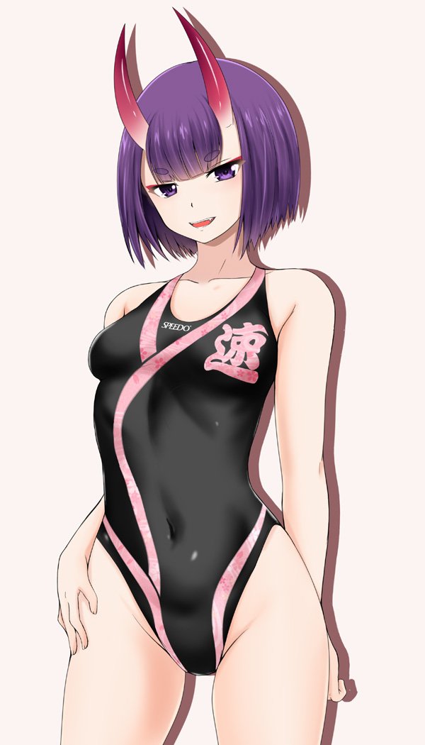 1girl black_swimsuit bob_cut breasts competition_swimsuit contrapposto covered_navel cowboy_shot fang fate/grand_order fate_(series) fuuma_nagi grey_background highleg highleg_swimsuit looking_at_viewer one-piece_swimsuit oni_horns open_mouth purple_hair short_hair shuten_douji_(fate/grand_order) simple_background small_breasts solo speedo_(company) swimsuit upper_teeth violet_eyes