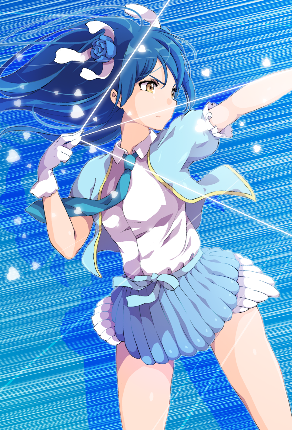 1girl aiming arrow bangs blue_background blue_hair blue_neckwear blue_ribbon blue_skirt bow_(weapon) closed_mouth commentary_request cowboy_shot drawing_bow floating_hair flower from_side gloves hair_between_eyes hair_flower hair_ornament heart highres holding holding_weapon long_hair love_live! love_live!_school_idol_project necktie outstretched_arm ribbon sen_(sen0910) shirt short_sleeves skirt solo sonoda_umi standing weapon white_gloves white_shirt wind yellow_eyes