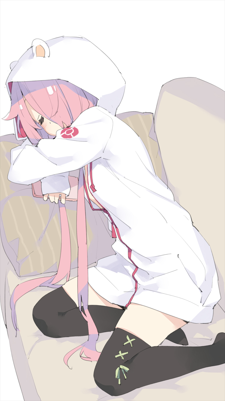 1girl animal_ears animal_hood bangs black_legwear blush breasts cellphone closed_eyes couch covered_mouth drawstring hair_over_one_eye highres holding holding_cellphone holding_phone hood hood_up hooded_jacket jacket long_hair long_sleeves no_shoes on_couch original peko phone pillow pink_hair simple_background sleeves_past_wrists small_breasts solo striped thigh-highs vertical_stripes very_long_hair white_background white_jacket