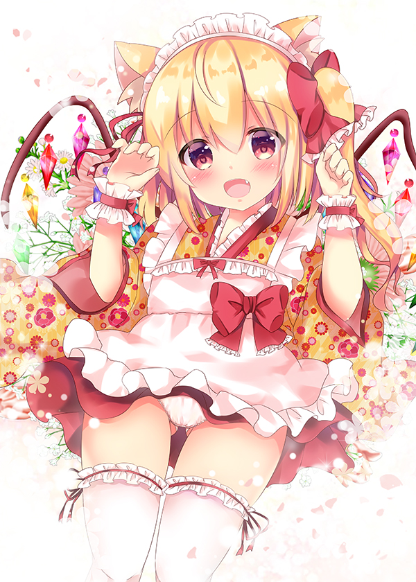 1girl :d animal_ear_fluff animal_ears apron bangs blonde_hair blush bow cat_ears claw_pose commentary_request crystal eyebrows_visible_through_hair fang fingernails flandre_scarlet floral_print flower frilled_apron frilled_legwear frills gluteal_fold hair_between_eyes hair_bow hands_up japanese_clothes kemonomimi_mode kimono long_hair long_sleeves looking_at_viewer maid_headdress open_mouth panties pleated_skirt print_kimono red_bow red_eyes red_skirt rikatan skirt smile solo thigh-highs touhou underwear wa_maid white_apron white_flower white_legwear white_panties wide_sleeves wings wrist_cuffs yellow_kimono