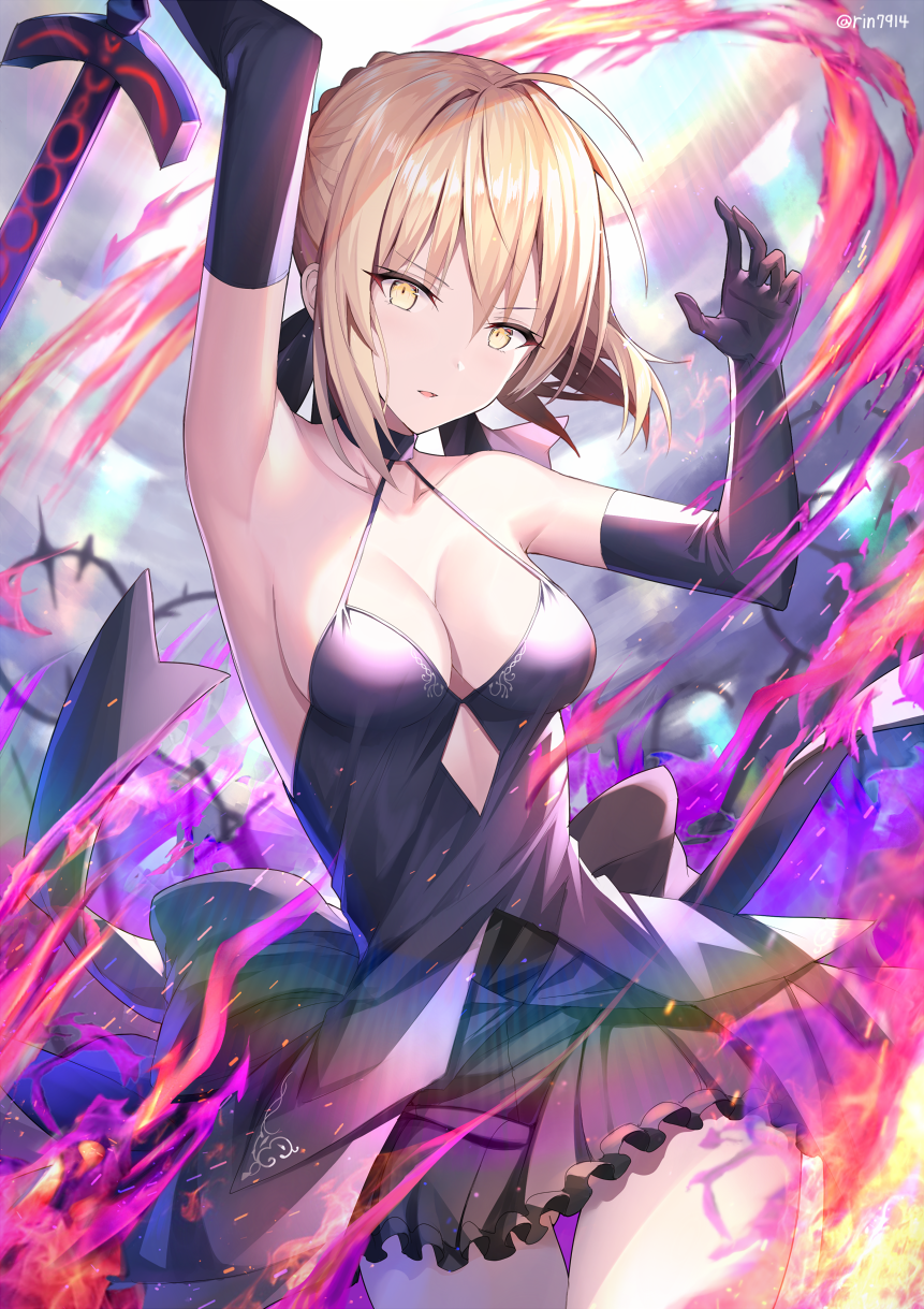 1girl ahoge arm_up armpits artoria_pendragon_(all) aura bangs bare_shoulders blonde_hair blurry breasts cleavage collarbone cowboy_shot dark_excalibur depth_of_field dress elbow_gloves eyebrows_visible_through_hair fate/grand_order fate/stay_night fate_(series) gloves hair_ribbon halter_dress halterneck hand_up highres holding holding_sword holding_weapon long_hair looking_at_viewer magic medium_breasts outdoors parted_lips ribbon rin_yuu saber_alter serious sidelocks solo standing sword twitter_username v-shaped_eyebrows weapon yellow_eyes
