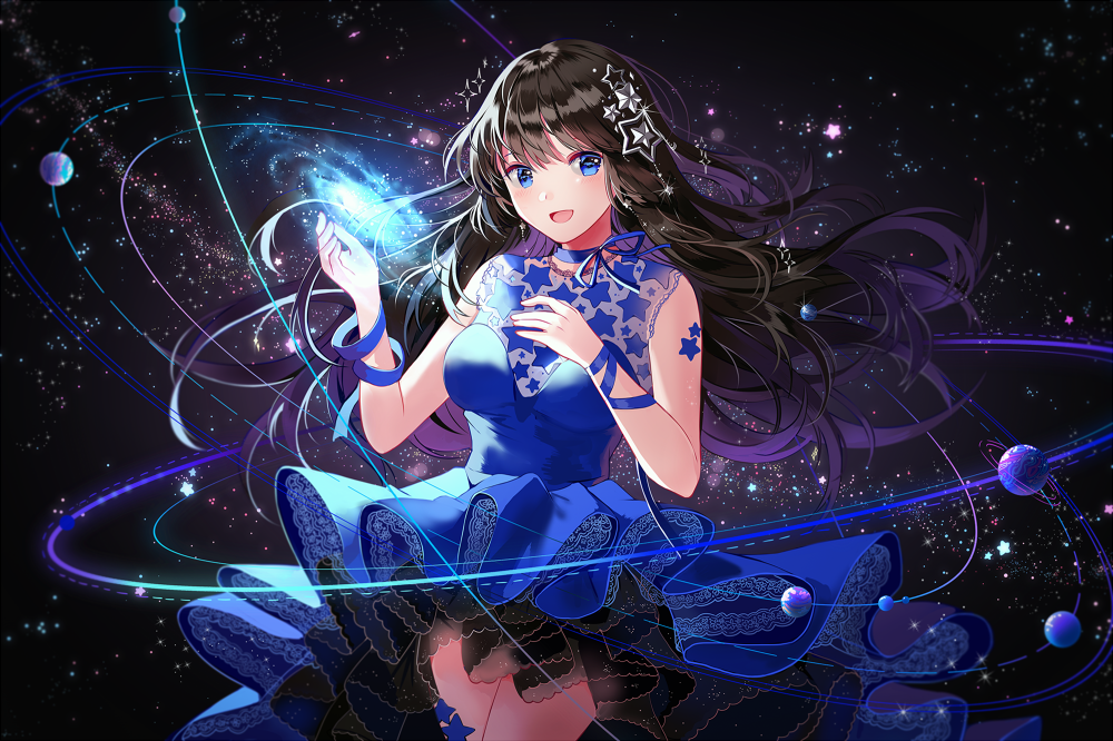 1girl bangs bare_arms black_hair blue_dress blue_eyes breasts commentary dress earrings english_commentary floating_hair frilled_dress frills hair_ornament jewelry long_hair looking_at_viewer medium_breasts milky_way open_mouth original planet shiny shiny_hair silence_girl sleeveless smile solo space star star_(sky) star_earrings star_hair_ornament star_print swept_bangs very_long_hair