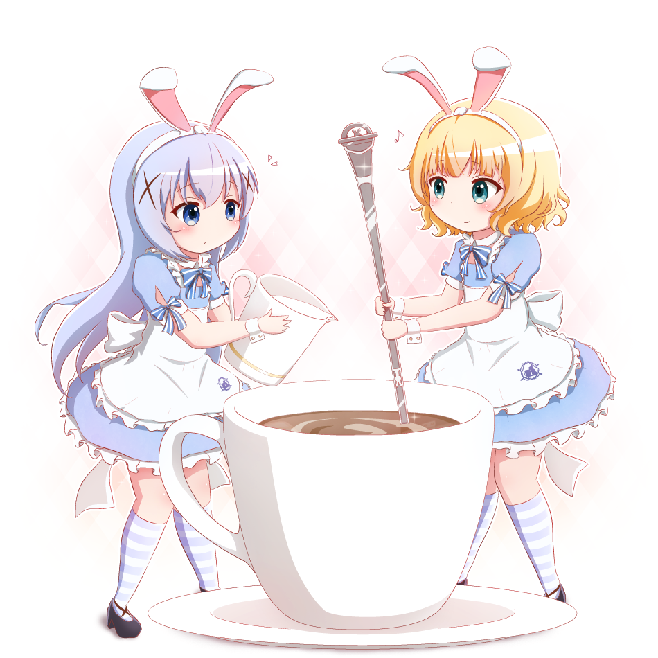 2girls animal_ears apron bangs black_footwear blonde_hair blue_dress blue_eyes blue_hair blush closed_mouth coffee commentary_request cup dress eighth_note eye_contact eyebrows_visible_through_hair frilled_apron frills gochuumon_wa_usagi_desu_ka? goth_risuto green_eyes hair_between_eyes hair_ornament hairband holding holding_spoon kafuu_chino kirima_sharo kneehighs long_hair looking_at_another milk minigirl multiple_girls musical_note puffy_short_sleeves puffy_sleeves rabbit_ears saucer shoes short_sleeves simple_background smile spoon standing striped striped_legwear teacup very_long_hair white_apron white_background white_hairband wrist_cuffs x_hair_ornament