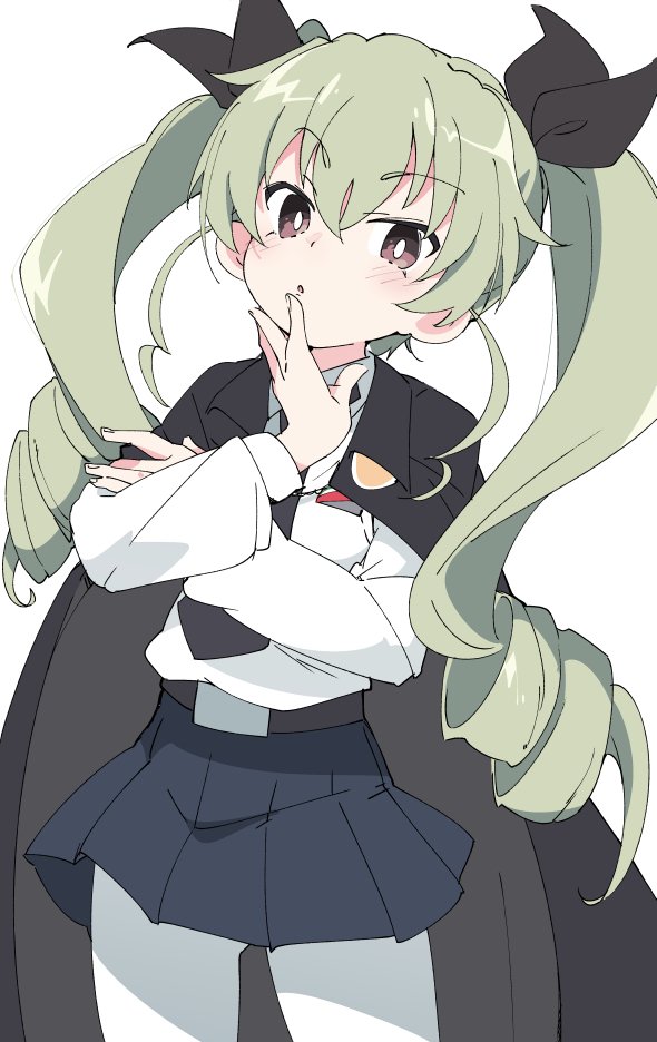 1girl :o anchovy black_cape black_neckwear black_ribbon black_skirt brown_eyes cape drill_hair eyebrows_visible_through_hair girls_und_panzer green_hair hair_ribbon ixy long_hair long_sleeves looking_at_viewer necktie pantyhose pleated_skirt ribbon simple_background skirt solo twin_drills twintails white_background white_legwear