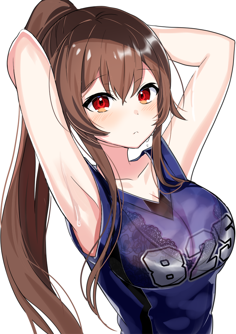 .live 1girl :&lt; armpits arms_behind_head arms_up bangs bare_arms bare_shoulders black_bra blue_shirt blush bra breasts brown_hair cleavage closed_mouth clothes_writing collarbone hair_between_eyes jersey lace lace-trimmed_bra large_breasts long_hair looking_at_viewer motsunuki ponytail red_eyes see-through shirt sidelocks simple_background sleeveless sleeveless_shirt solo sportswear sweat underwear upper_body virtual_youtuber wet wet_clothes wet_shirt white_background yaezawa_natori