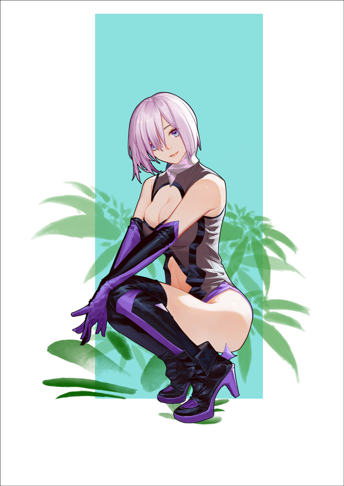 1girl black_legwear boots breasts cleavage cleavage_cutout elbow_gloves fate/grand_order fate_(series) full_body gloves lavender_hair lips liuli_zan long_hair mash_kyrielight medium_breasts purple_gloves smile solo squatting thigh-highs thigh_boots