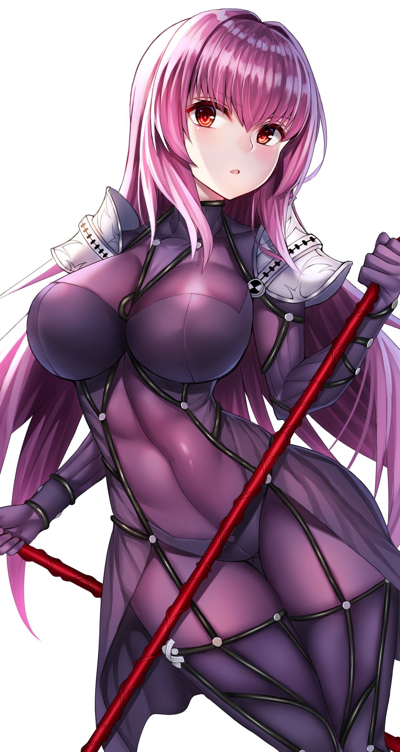 1girl bangs beeyan blush bodysuit breasts covered_navel cowboy_shot dual_wielding eyebrows_visible_through_hair fate/grand_order fate_(series) gae_bolg hair_between_eyes highres holding impossible_clothes large_breasts long_hair looking_at_viewer open_mouth pauldrons polearm purple_bodysuit purple_hair red_eyes scathach_(fate)_(all) scathach_(fate/grand_order) sidelocks simple_background smile solo spear very_long_hair weapon white_background