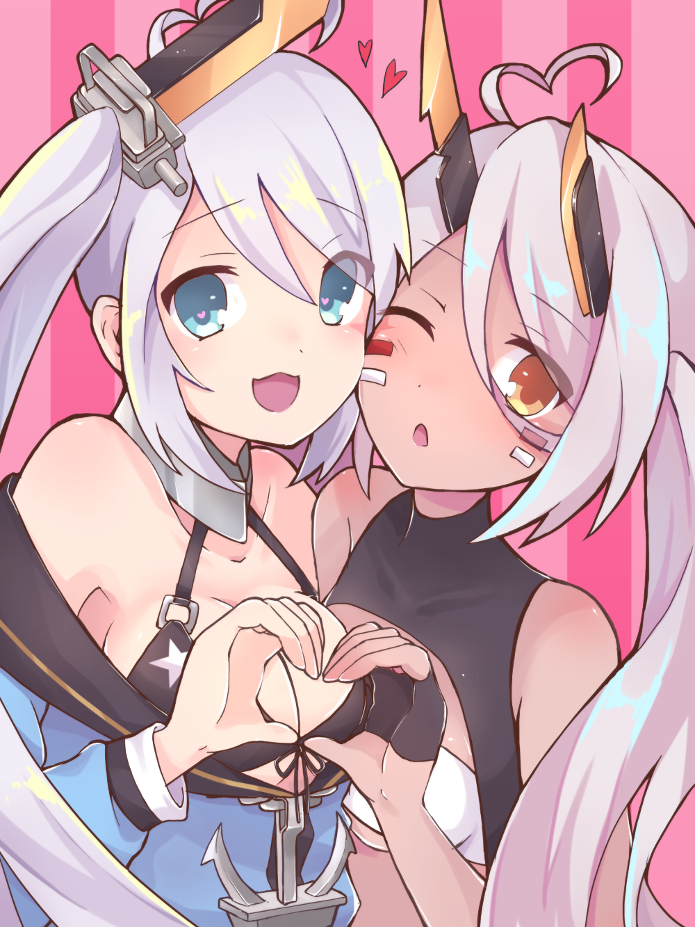 2girls :3 :o ahoge anchor azur_lane bandeau bare_shoulders black_bikini_top black_gloves blue_eyes blue_shirt breasts cheek-to-cheek cleavage collarbone dark_skin facepaint front-tie_top gloves half_gloves heart heart-shaped_pupils heart_ahoge heart_hands heart_hands_duo highres indianapolis_(azur_lane) large_breasts long_hair long_sleeves looking_at_viewer medium_breasts multiple_girls off_shoulder open_mouth orange_eyes partly_fingerless_gloves pink_background portland_(azur_lane) sawara_(starligtvision) shirt side_ponytail silver_hair smile symbol-shaped_pupils twintails under_boob very_long_hair