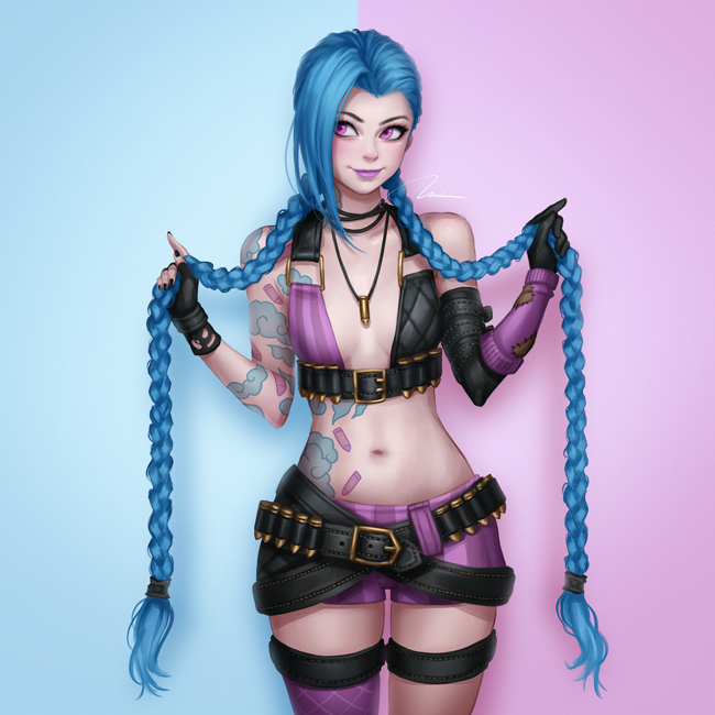1girl asymmetrical_gloves belt bikini_top blue_hair braid breasts bullet cowboy_shot elbow_gloves facing_viewer fingerless_gloves gloves jewelry jinx_(league_of_legends) league_of_legends long_hair looking_up nail_polish navel pendant pink_eyes short_shorts shorts signature simple_background single_elbow_glove single_thighhigh small_breasts solo tattoo thigh-highs thigh_strap twin_braids two-tone_background umigraphics very_long_hair