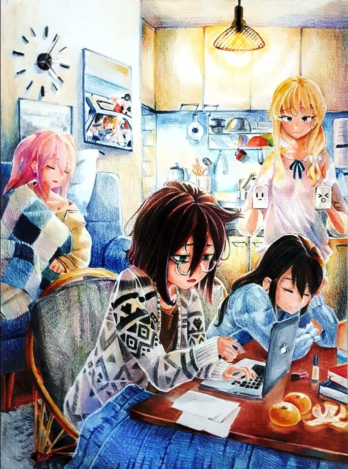 alternate_hair_length alternate_hairstyle blanket colored_pencil_(medium) computer dhtpgjs1997 food fruit glasses graphite_(medium) katou_asuka kuroki_tomoko laptop mandarin_orange mechanical_pencil nemoto_hina pencil sleeping tamura_yuri traditional_media watashi_ga_motenai_no_wa_dou_kangaetemo_omaera_ga_warui!